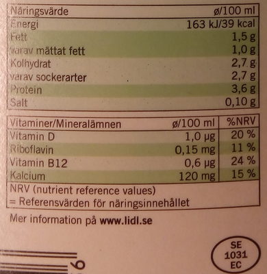 Ängens Laktosfri svensk mellanmjölkdryck - Näringsfakta - sv