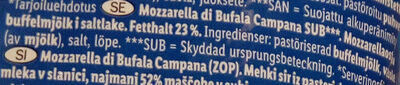 Mozzarella di Bufala Campana - Ingredienser - sv
