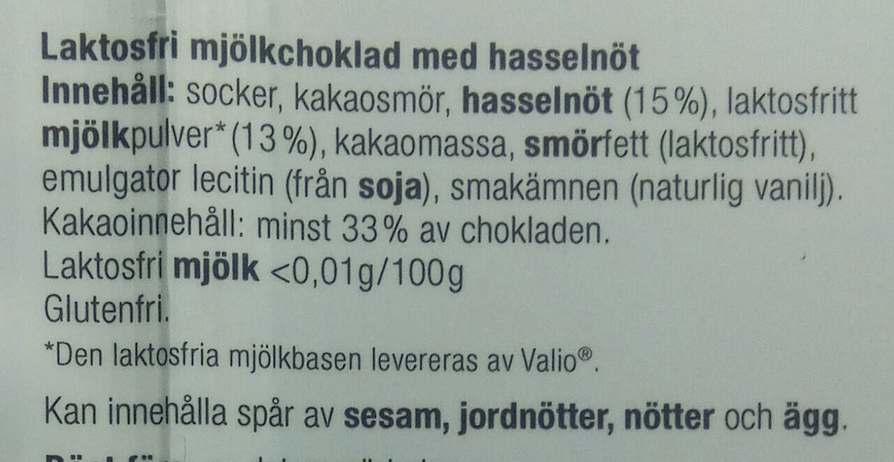 Laktosfri mjölkchoklad hasselnöt - Ingredienser - sv