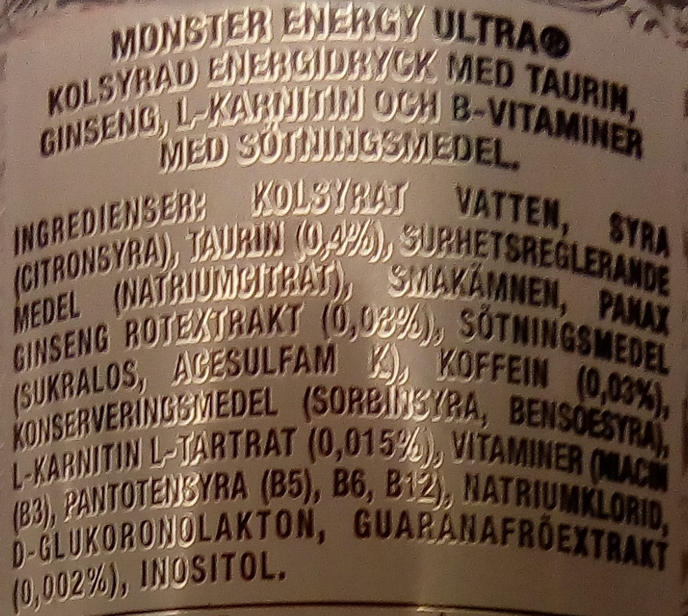 Monster Energy Ultra - Ingredienser - sv