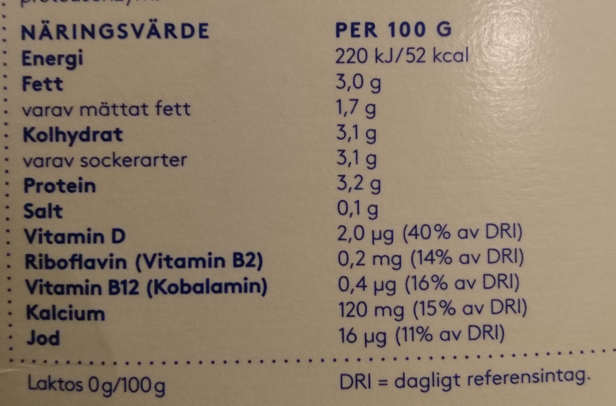 Standardmjölk - Näringsfakta - sv