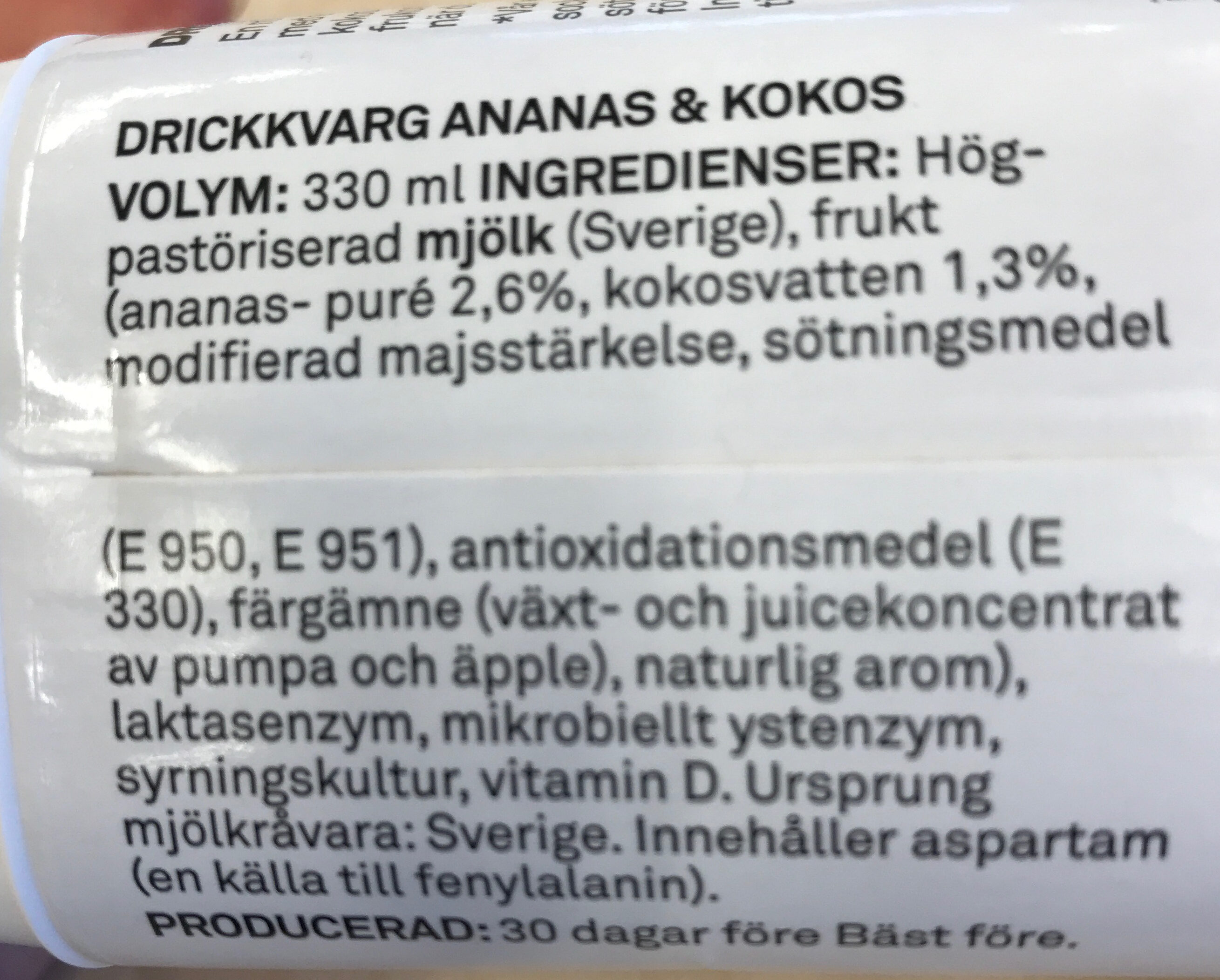 Drickkvarg Ananas&kokos - Ingredienser - sv