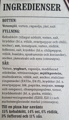 X-tra allt + Sås Stenugnsbakad Pizza Kebab - Ingredienser - sv