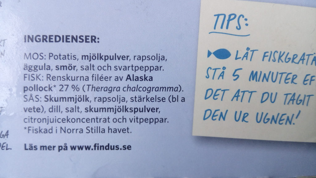 Findus Fiskgratäng Dill Original - Ingredienser - sv