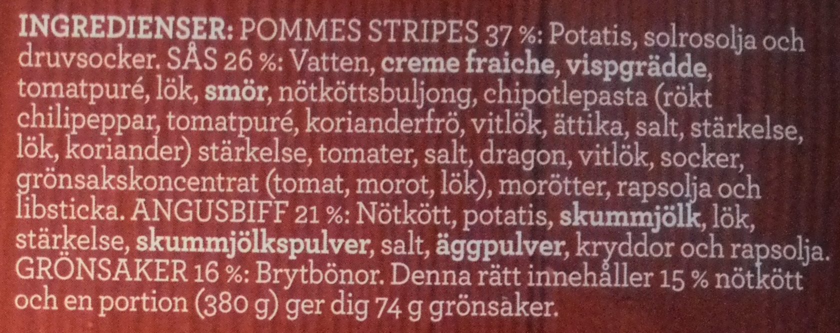 Findus Dagens Grillad Angusbiff med pommes stripes - Ingredienser - sv