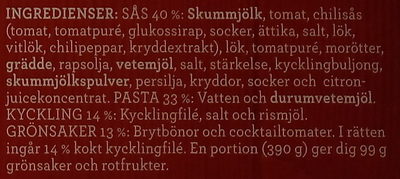 Findus Dagens Pasta med kyckling - Ingredienser - sv