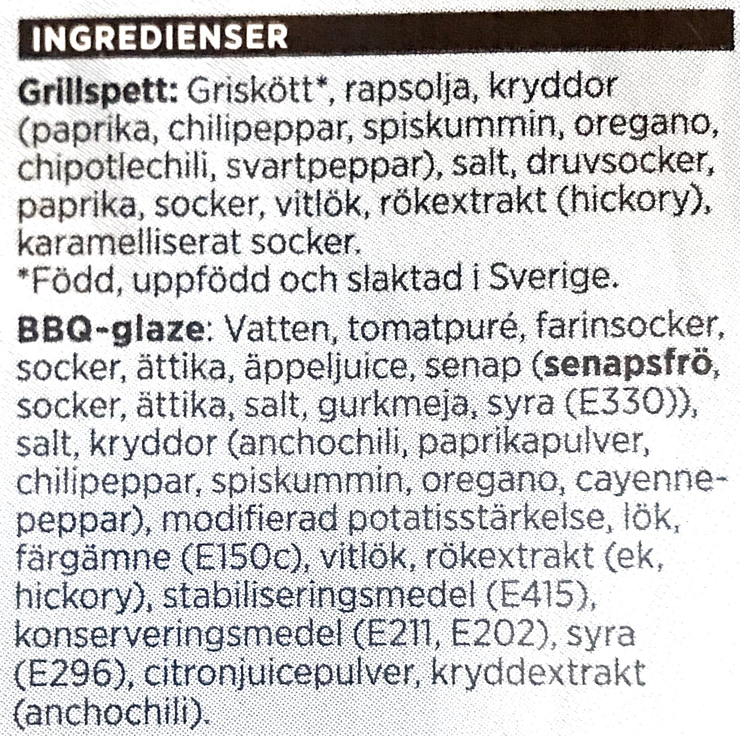 Grillspett av Picnicbog med BBQ-Glaze - Ingredienser - sv