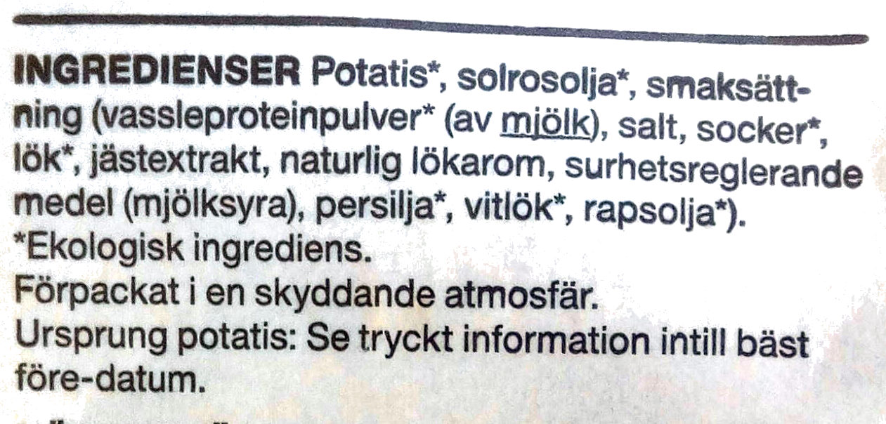 Ekologiska potatis-chips gräddfil & lök - Ingredienser - sv